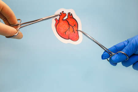 Gloved hands of doctors hold instruments for surgery. red painted human heart on a blue background. concept of operation in execution of symbols.の写真素材