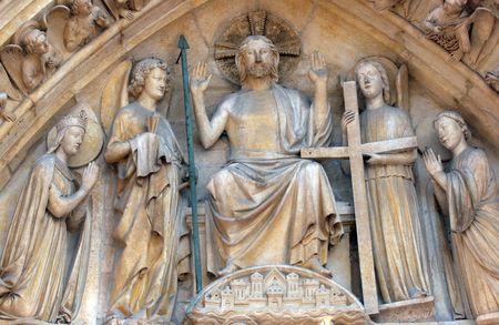 Notre Dame Cathedral, Paris Last Judgment Portal: Christ in Majestyの写真素材