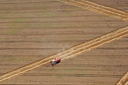 Aerial View : combine harvester working in the fieldsの写真素材