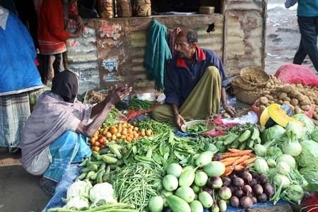 SONAKHALI, INDIA - JANUARY 17: Tribal villagers bargain for vegetables on January 17, 2009. Sonakhali, West Bengal, India. 42% of India falls below the international poverty line of $1.25 a day.のeditorial素材
