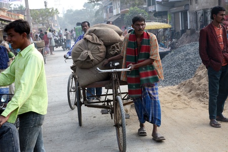 KUMROKHALI, INDIA - JANUARY 12: Man drives his goods to market in Kumrokhali, West Bengal, India on...