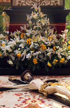 ZAGREB, CROATIA - 11 APRIL: The crucifix in front of God's tomb, was exhibited on Holy Saturday and...