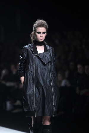 ZAGREB, CROATIA - MARCH 16: Fashion model wears clothes made by Link by Ogi Antunac and Zoran Mrvos on "Dove FASHION.HR" show on March 16, 2012 in Zagreb, Croatia.のeditorial素材