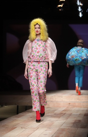 ZAGREB, CROATIA - MARCH 23: Fashion model wears clothes made by Borna and Fils on "CRO A PORTER" show on March 23, 2012 in Zagreb, Croatia.のeditorial素材