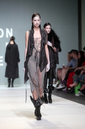 ZAGREB, CROATIA - May 10: Fashion model wears clothes made by Rannva Karadottir & Marianna Morkore on "ZAGREB FASHION WEEK" show on May 10, 2012 in Zagreb, Croatia.のeditorial素材