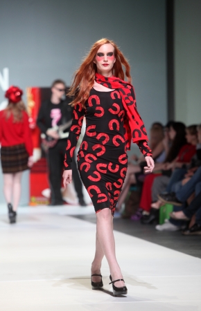 ZAGREB, CROATIA - May 10: Fashion model wears clothes made by The Rodnik Band on "ZAGREB FASHION WEEK" show on May 10, 2012 in Zagreb, Croatia.のeditorial素材