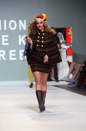 ZAGREB, CROATIA - May 10: Fashion model wears clothes made by The Rodnik Band on "ZAGREB FASHION WEEK" show on May 10, 2012 in Zagreb, Croatia.のeditorial素材