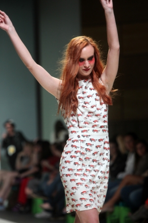 ZAGREB, CROATIA - May 10: Fashion model wears clothes made by The Rodnik Band on "ZAGREB FASHION WEEK" show on May 10, 2012 in Zagreb, Croatia.のeditorial素材