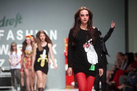 ZAGREB, CROATIA - May 10: Fashion model wears clothes made by The Rodnik Band on "ZAGREB FASHION WEEK" show on May 10, 2012 in Zagreb, Croatia.のeditorial素材