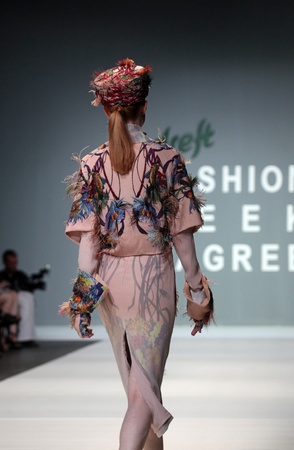 ZAGREB, CROATIA - MAY 11: Fashion model wears clothes made by HERMIONE DE PAULA on "ZAGREB FASHION WEEK" show on May 11, 2012 in Zagreb, Croatia.のeditorial素材