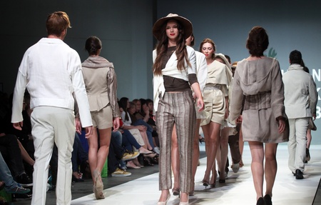 ZAGREB, CROATIA - May 11: Fashion model wears clothes made by Natalija Smogur on "ZAGREB FASHION WEEK" show on May 11, 2012 in Zagreb, Croatia.のeditorial素材