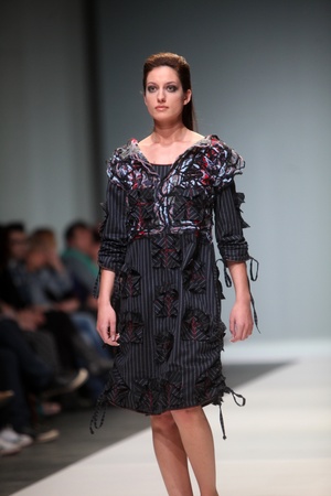 ZAGREB, CROATIA - MAY 12: Fashion model wears clothes made by Ana Kujundic on ZAGREB FASHION WEEK...