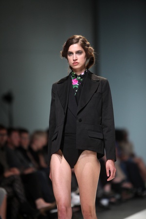 ZAGREB, CROATIA - MAY 12: Fashion model wears clothes made by MAARTEN VAN DER HORST on "ZAGREB FASHION WEEK" show on May 12, 2012 in Zagreb, Croatia.のeditorial素材