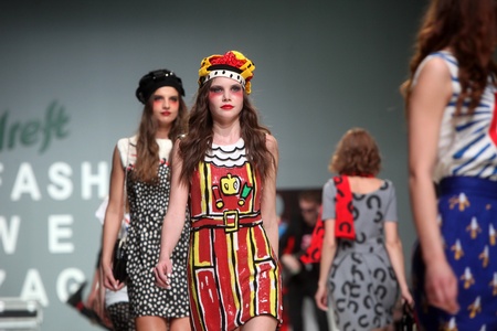 ZAGREB, CROATIA - May 10: Fashion model wears clothes made by The Rodnik Band on "ZAGREB FASHION WEEK" show on May 10, 2012 in Zagreb, Croatia.のeditorial素材