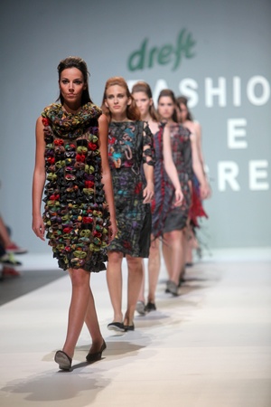 ZAGREB, CROATIA - MAY 12: Fashion model wears clothes made by Ana Kujundic on "ZAGREB FASHION WEEK" show on May 12, 2012 in Zagreb, Croatia.のeditorial素材