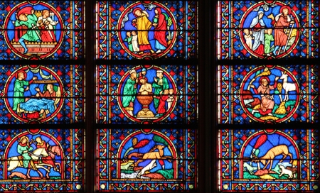 Colorful stained glass window in Cathedral Notre Dame de Parisのeditorial素材