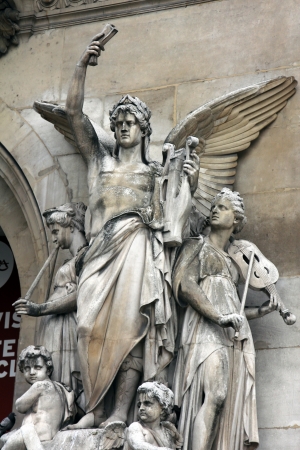 Architectural details of Opera National de Paris  Lyrical Drama Facade sculpture by Perraud  Grand Opera  Garnier Palace  is famous neo-baroque building in Paris, France の写真素材