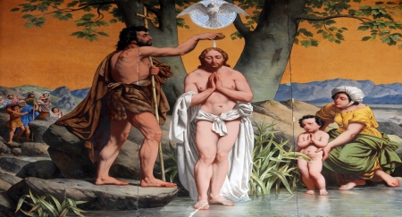 Baptism of the Lord, painting on the facade, Saint Vincent de Paul church, Parisのeditorial素材