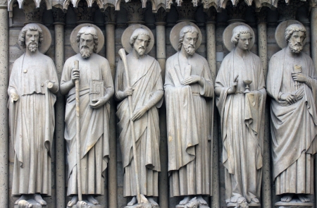 Paris, Notre-Dame cathedral, detail of central portal, depicting the Last Judgment. From left to right: Bartholomew, Simon, James the Less, Andrew, John, and Peter.の写真素材