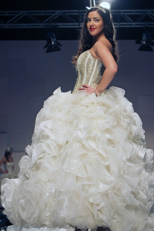 ZAGREB, CROATIA - FEBRUARY 16: Fashion model wears wedding dress made by Royal Bride on 'Wedding days' show, February 16, 2013 in Zagreb, Croatia.のeditorial素材