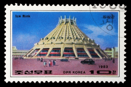 KOREA - CIRCA 1983: A stamp printed in Korea shows Pyongyang Ice Rink, circa 1983のeditorial素材