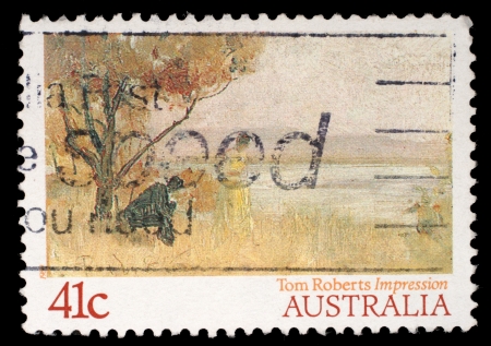 AUSTRALIA - CIRCA 1989: A stamp printed in Australia shows draw by Tom Roberts \"Impression Mentone\", circa 1989のeditorial素材