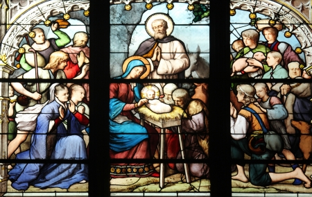 Nativity Scene, Adoration of the Shepherds, stained glass, Saint Severin church, Paris, Franceのeditorial素材