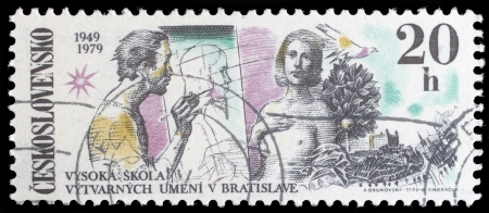 CZECHOSLOVAKIA - CIRCA 1979  A stamp printed in the Czechoslovakia, dedicated to 30th anniversary of the Fine Arts Academy, Bratislava, shows the Artist and Model, Dove, Bratislava Castle, circa 1979のeditorial素材
