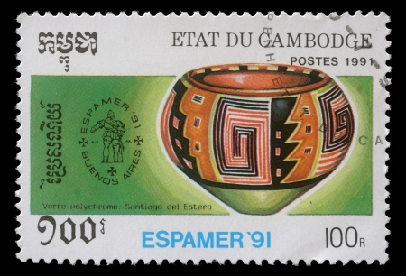CAMBODIA - CIRCA 1991  stamp printed by Cambodia shows Pre-Columbian artefacts, circa 1991のeditorial素材