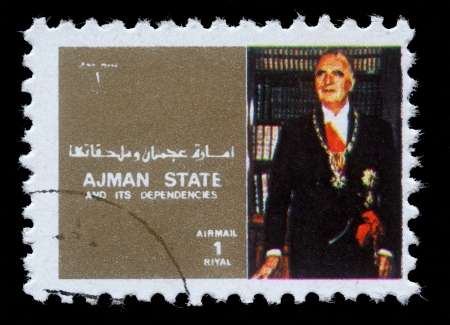 AJMAN - CIRCA 1973  stamp printed by Ajman shows King Boudewijn of Belgium, circa 1973のeditorial素材