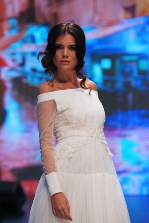 Fashion model wears dress made by ELFS on  Wedding days  show, October 04, 2013 in Zagreb, Croatia のeditorial素材