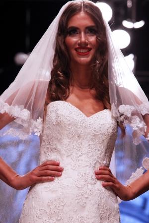 ZAGREB, CROATIA - OCTOBER 04: Fashion model wears dress made by Royal Bride on 'Wedding days' show, October 04, 2013 in Zagreb, Croatia.のeditorial素材