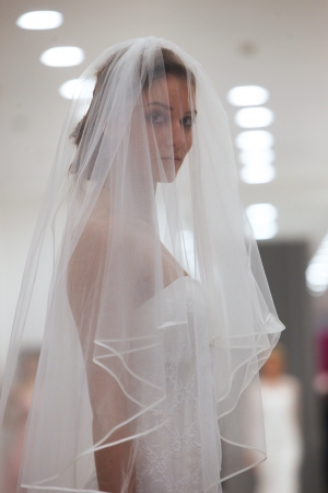 Fashion model in wedding dress made by Silhuete Bride on  Wedding Expo  show in the Westgate Shopping City in Zagreb, Croatia on October 12, 2013のeditorial素材
