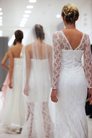 Fashion model in wedding dress made by Silhuete Bride on  Wedding Expo  show in the Westgate Shopping City in Zagreb, Croatia on October 12, 2013のeditorial素材