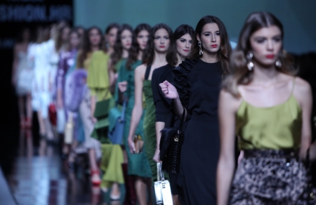 Fashion model wearing clothes designed by Aleksandra Dojcinovic on the  Fashion hr  show on October 16, 2013 in Zagreb, Croatia のeditorial素材