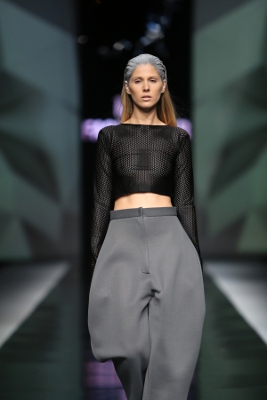 Fashion model wearing clothes designed by Petra Vuletic and Sasa Hortig on the  Fashion hr  show on October 17, 2013 in Zagreb, Croatia のeditorial素材