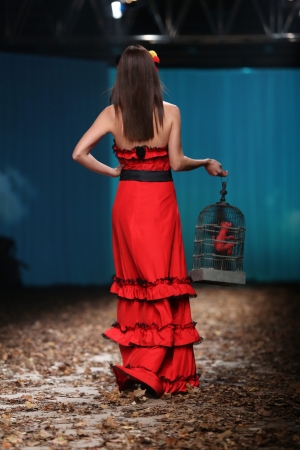 Fashion model wearing clothes designed by Borna and Fils on the Cro a Porter show on October 25, 2013 in Zagreb, Croatia.のeditorial素材