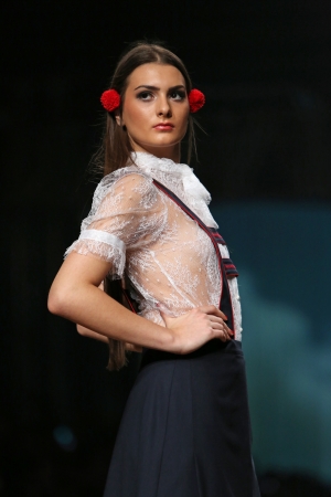 Fashion model wearing clothes designed by Borna and Fils on the Cro a Porter show on October 25, 2013 in Zagreb, Croatia.のeditorial素材