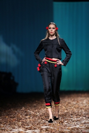 Fashion model wearing clothes designed by Borna and Fils on the Cro a Porter show on October 25, 2013 in Zagreb, Croatia.のeditorial素材