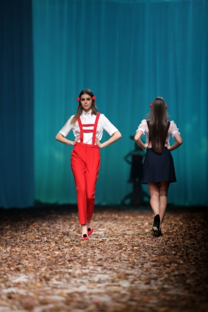 Fashion model wearing clothes designed by Borna and Fils on the Cro a Porter show on October 25, 2013 in Zagreb, Croatia.