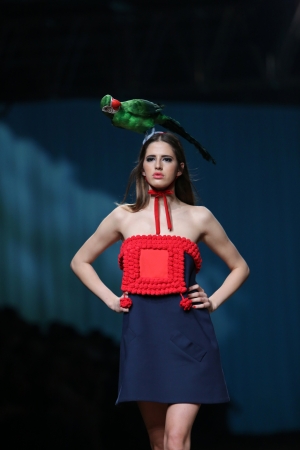 Fashion model wearing clothes designed by Borna and Fils on the Cro a Porter show on October 25, 2013 in Zagreb, Croatia.のeditorial素材