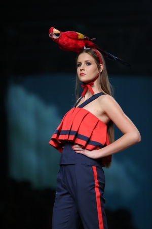 Fashion model wearing clothes designed by Borna and Fils on the Cro a Porter show on October 25, 2013 in Zagreb, Croatia.のeditorial素材