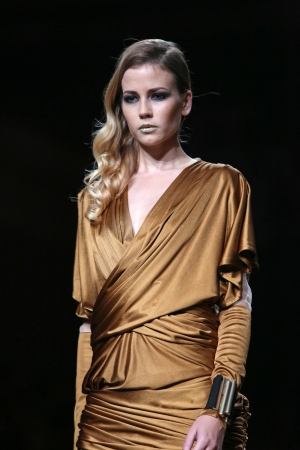 Fashion model wearing clothes designed by Hippy Garden on the Cro a Porter show on October 25, 2013 in Zagreb, Croatia.のeditorial素材