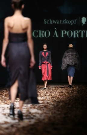 ZAGREB, CROATIA - OCTOBER 26: Fashion model wearing clothes designed by Teo P. za Mak on the Cro a Porter show on October 26, 2013 in Zagreb, Croatia.のeditorial素材