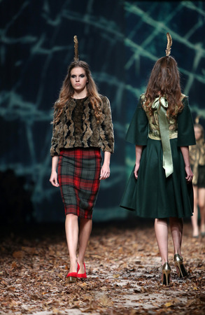 ZAGREB, CROATIA - OCTOBER 26: Fashion model wearing clothes designed by Twins by Begovic and Stimac on the Cro a Porter show on October 26, 2013 in Zagreb, Croatia.のeditorial素材