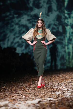 ZAGREB, CROATIA - OCTOBER 26: Fashion model wearing clothes designed by Twins by Begovic and Stimac on the Cro a Porter show on October 26, 2013 in Zagreb, Croatia.のeditorial素材