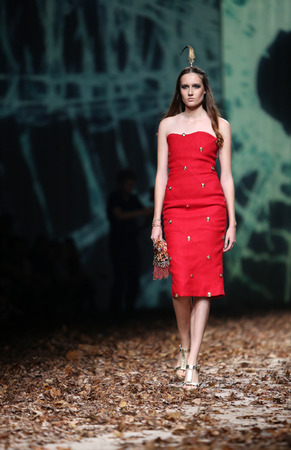 ZAGREB, CROATIA - OCTOBER 26: Fashion model wearing clothes designed by Twins by Begovic and Stimac on the Cro a Porter show on October 26, 2013 in Zagreb, Croatia.のeditorial素材