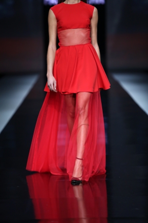 Fashion model wearing clothes designed by Aleksandar Zarevac on the  Fashion hr  show on October 18, 2013 in Zagreb, Croatia のeditorial素材