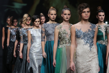 Fashion model wearing clothes designed by Ivica Skoko on the  Fashion hr  show on October 18, 2013 in Zagreb, Croatia のeditorial素材