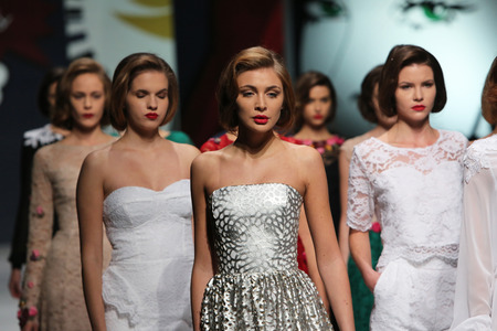 Fashion model wearing clothes designed by Envy Room on the  Fashion hr  show on October 18, 2013 in Zagreb, Croatia のeditorial素材